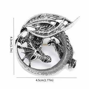 Vintage silver dragon brooch made of alloy for suits with wings and detailed scales