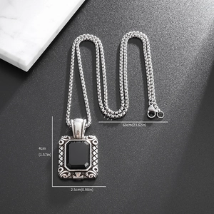 Mens square black gemstone pendant necklace with silver relief patterns and dimensions