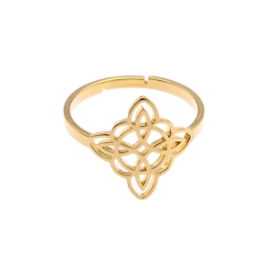 Golden stainless steel Celtic Witch's Knot ring with an adjustable open band design