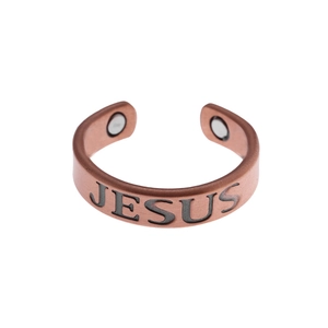 Adjustable copper Jesus ring with etched lettering and magnetic therapy health feature