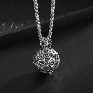Vintage Copper Hollow Ball Incense Burner Pendant Necklace Antique Silver Color Filigree Pattern Aromatherapy Jewelry Unisex