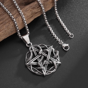 Hip hop style pentagram and coiled snake pendant necklace with stainless steel box chain