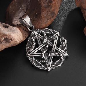 Detailed view of gothic star and snake pendant with antique silver finish and wide bail