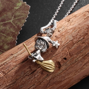 Vintage witch flying broom pendant necklace in silver and gold finish for Halloween