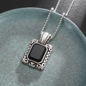 Vintage necklace with square black gemstone pendant in oxidized silver finish