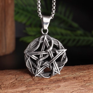 Vintage Gothic Pentagram Coiled Snake Pendant Necklace For Men Women Antique Silver Alloy Mystical Box Chain Jewelry Gift