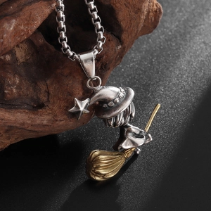 Vintage witch on broomstick necklace pendant in silver and gold tone stainless steel