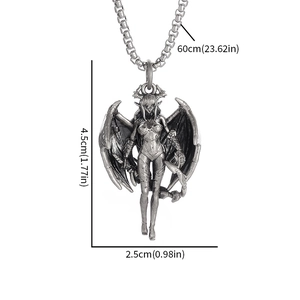 Gothic demon girl winged pendant necklace in vintage silver finish with chain size labels