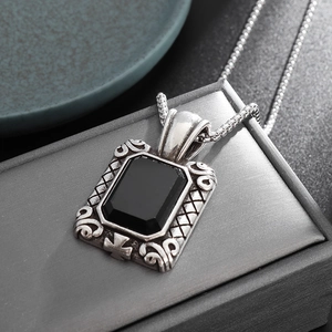 Punk vintage alloy necklace with square black gemstone pendant and cross relief design