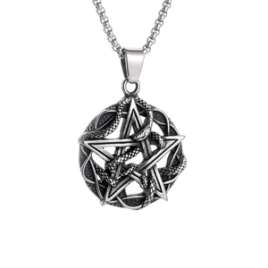 Gothic pentagram snake pendant necklace with retro black finish and box chain for unisex