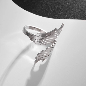 Minimalist adjustable stainless steel wing ring in silver finish for women