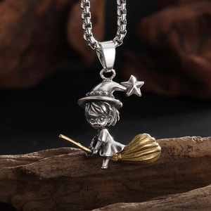 Vintage Gothic Witch Flying On Magic Broom Pendant Necklace For Women Men Halloween Party Jewelry Alloy Box Chain Two Tone