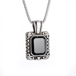 Vintage silver square necklace with black gemstone and gothic cross relief pattern