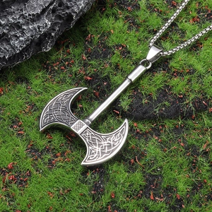 Nordic Viking Celtic ax pendant necklace in silver finish with sturdy chain for men