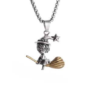 Vintage witch flying on golden broom necklace pendant with a rustic silver finish