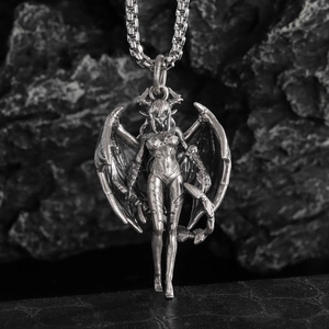 Gothic Succubus Demon Girl Wing Pendant Necklace Retro Silver Alloy Metal Box Chain For Women Men Punk Hip Hop Jewelry Gift