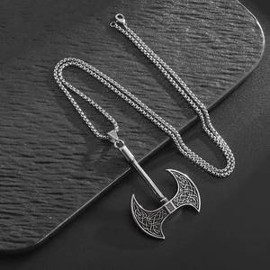 Vintage Celtic axe pendant necklace in antique silver finish with double-sided engraving