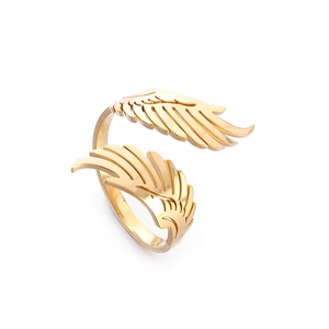 Adjustable golden stainless steel open ring featuring minimalist angel wing design