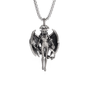 Gothic winged succubus demon pendant necklace in retro silver finish for women