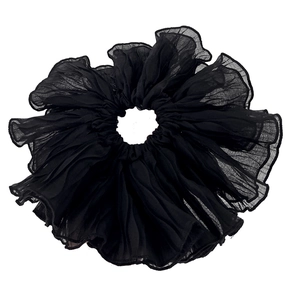 Oversized black sheer chiffon scrunchie with layered pleats for elegant hair styling