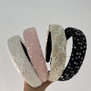 Serre-tête Rembourré en Tweed à Paillettes Françaises pour Femmes Large Bord Pailleté Mode Accessoires de Coiffure Quotidien Fête