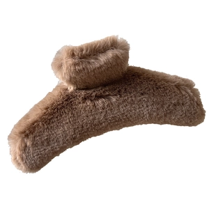 Brown faux fur claw clip for thick hair, soft plush hair accessory for back of head styling