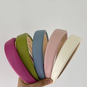 Set of five wide PU leather headbands in matte rose, olive, blue, pink, and cream white