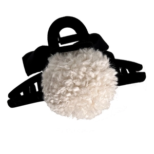 Winter fluffy hair claw clip with a large white plush ball and black velvet shark clip