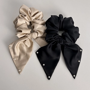 French Elegant Satin Bow Scrunchie With Faux Artificial Pearl Ribbon Retro Large Fabric Hair Tie For Women Daily Hair Accessories