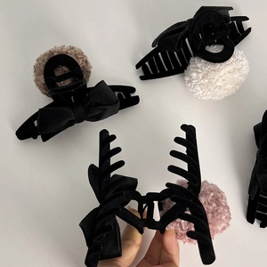 Elegant black flocking hair claw clip set with velvet bows and colorful faux fur poms