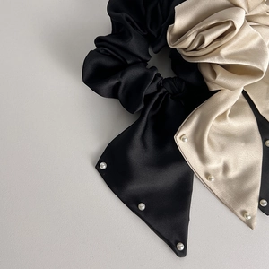 French style satin bow hair scrunchies with pearls in black and champagne gold