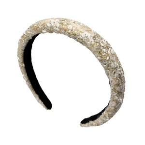 Elegant wide tweed headband with sequins in cream and champagne gold for women