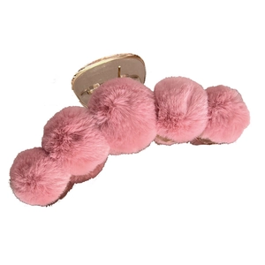 Pink plush faux fur hair claw clip for women featuring elegant five-pom design