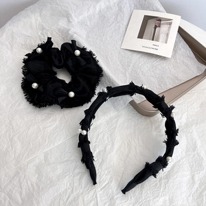 Chouchou Élégant En Tweed Noir Avec Nœud Et Serre-Tête En Künstliche Perles Finte Bord Effiloché Accessoires De Coiffure Style Français Femmes
