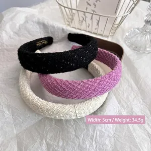 Three-piece retro tweed headband set in black purple and beige thick woven fabric