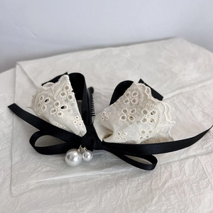 Elegant fabric bow hair clip with lace layers and white faux pearl pendants