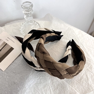 Handmade chunky braided headband in black, beige, and brown stylish fabric textures