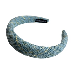 Thick blue and yellow tweed headband for women featuring handmade woven texture and retro style