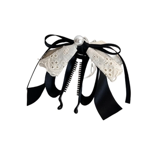 Elegant black bow hair clip with lace detail and pearl accent for high ponytails