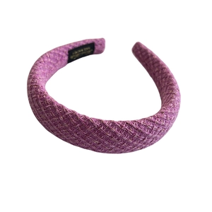 Pink tweed padded headband with gold metallic thread detail in retro vintage style