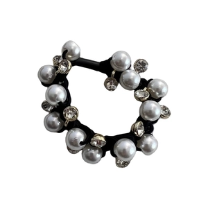 Élastique cheveux noir élégant avec perles blanches et cristaux brillants dorés