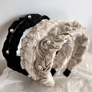 Elegant Pleated Satin Headband With Faux Artificial Pearls And Rhinestones For Women Vintage Wide Hairband Fashion Hair Accessories