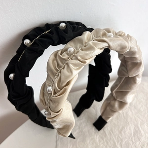 Elegant pleated fabric headband with pearls and rhinestones in black and champagne