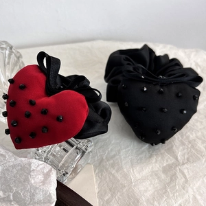 Handmade red velvet heart and black satin hair ties with bow detail for women