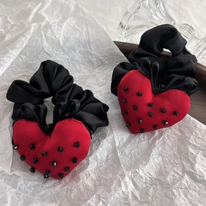 Handmade Black Satin Scrunchie with Large Red Heart Rhinestone Decor Korean Style Sweet Hair Accessories for Women