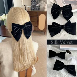 Elegant Black Silk Velvet Bow Hair Clip For Women Handmade Alloy Spring Clip French Style Retro Headpiece Party Accessory