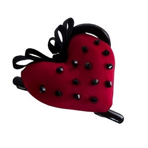 Red velvet heart hair claw with black beaded details and satin bow for women