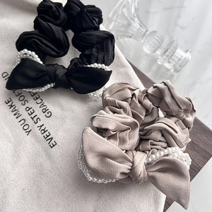 French Retro Satin Bowknot Artificial Pearl Scrunchies Elegant Faux Artificial Pearl Elastic Hair Bands Ponytail Holder Women Girls Hair Accessories
