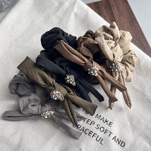 Handmade Fabric Bow Scrunchie With Rhinestone Quilted Ponytail Hair Tie Fresh Elastic Hair Rope For Women Fashion Hair Accessories