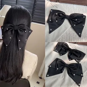 Eleganter Schwarzer Satin Schleife Haarspange Mit Künstlichen Künstliche Perlen Französisch Vintage Federclip Für Damen Party Haarschmuck